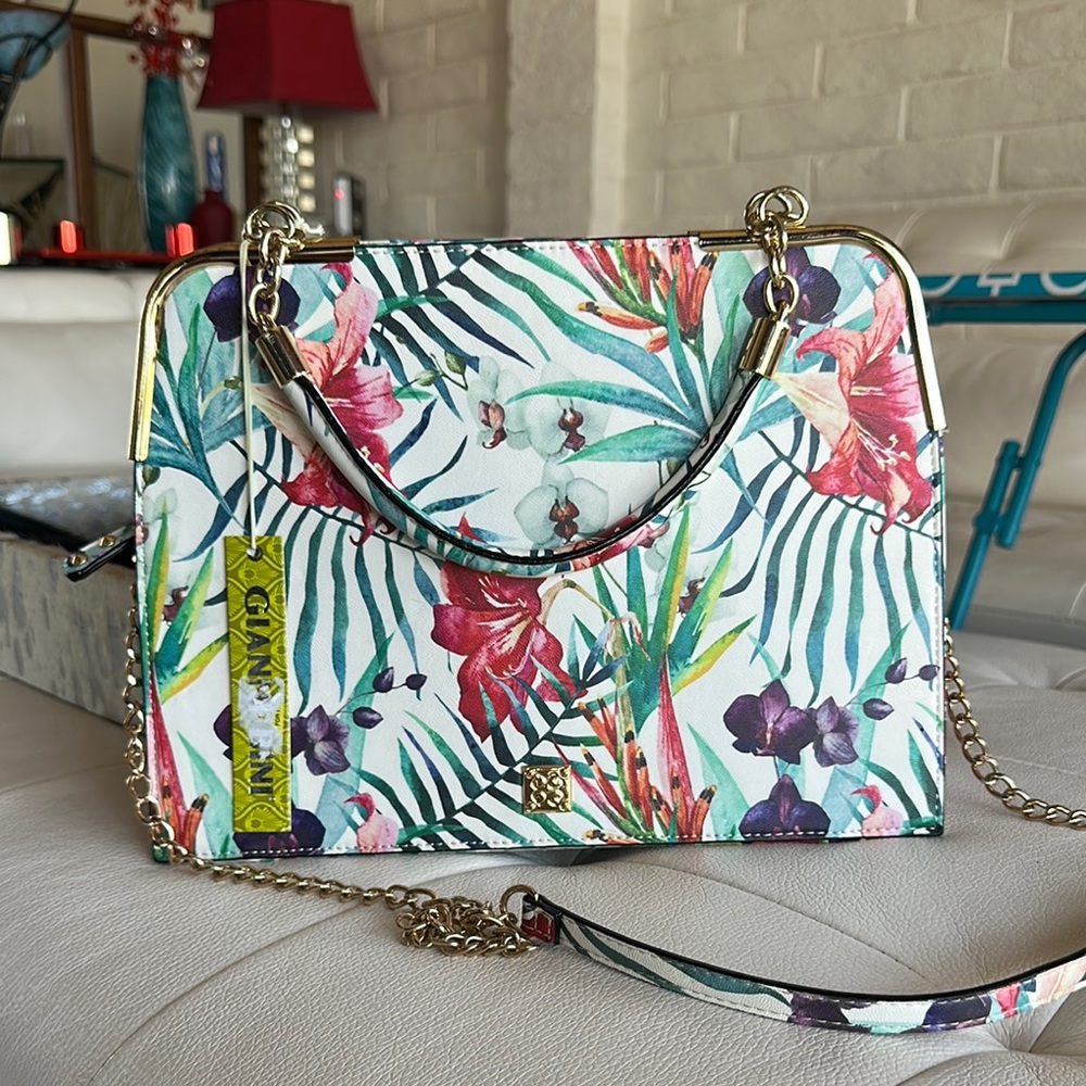 Giani Bernini White and Green Crossbody Bag with Tropical Flair